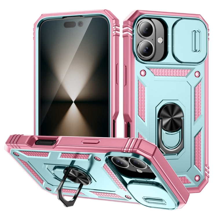 For iPhone 16 Sliding Camshield TPU + PC Phone Case with Holder(Pink+Green) - iPhone 16 Cases by buy2fix | Online Shopping UK | buy2fix