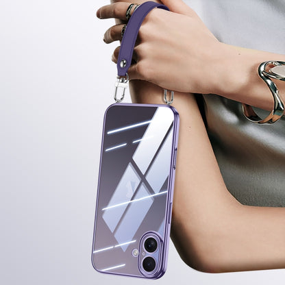 For iPhone 16 SULADA  Electroplated Clear TPU Soft Frame Phone Case with Wrist Strap(Purple) - iPhone 16 Cases by SULADA | Online Shopping UK | buy2fix