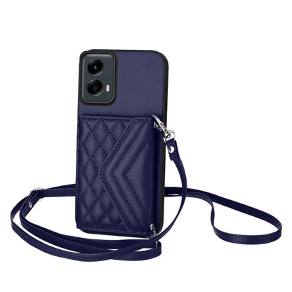 For Motorola Moto G 5G 2024 Rhombic Texture Card Bag RFID Phone Case with Long Lanyard(Blue) - Motorola Cases by buy2fix | Online Shopping UK | buy2fix