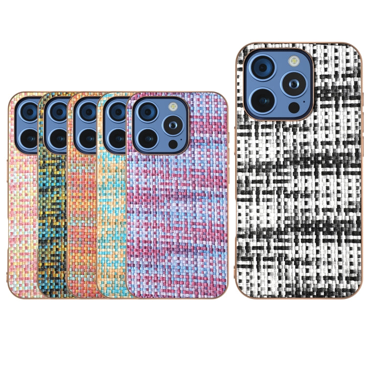 For iPhone 16 Pro Max Electroplated Frame Color Lattice Texture PU Phone Case(Tangerine) - iPhone 16 Pro Max Cases by buy2fix | Online Shopping UK | buy2fix