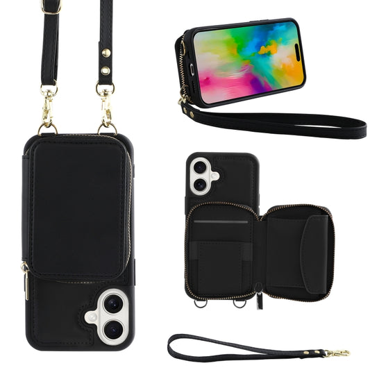 For iPhone 16 Crossbody Zipper Wallet Bag Leather Phone Case with Lanyard(Black) - iPhone 16 Cases by buy2fix | Online Shopping UK | buy2fix