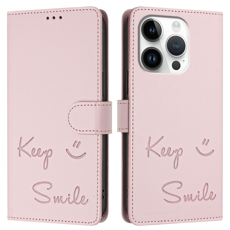 For iPhone 16 Pro Smile Embossing RFID Leather Phone Case(Pink) - iPhone 16 Pro Cases by buy2fix | Online Shopping UK | buy2fix