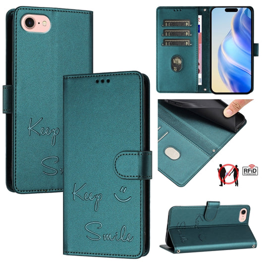 For iPhone SE 2024 Smile Embossing RFID Leather Phone Case(Peacock Green) - More iPhone Cases by buy2fix | Online Shopping UK | buy2fix