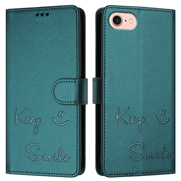 For iPhone SE 2024 Smile Embossing RFID Leather Phone Case(Peacock Green) - More iPhone Cases by buy2fix | Online Shopping UK | buy2fix