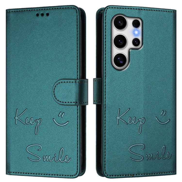 For Samsung Galaxy S25 Ultra 5G Smile Embossing RFID Leather Phone Case(Peacock Green) - Galaxy S25 Ultra 5G Cases by buy2fix | Online Shopping UK | buy2fix