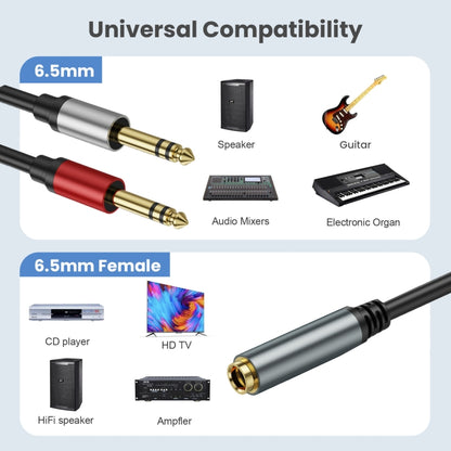 2m Gold Plated 6.35mm Female to 2 x 6.35mm Male Stereo Audio Adapter Y Splitter Cable(Black) - Video & Audio Cable by buy2fix | Online Shopping UK | buy2fix