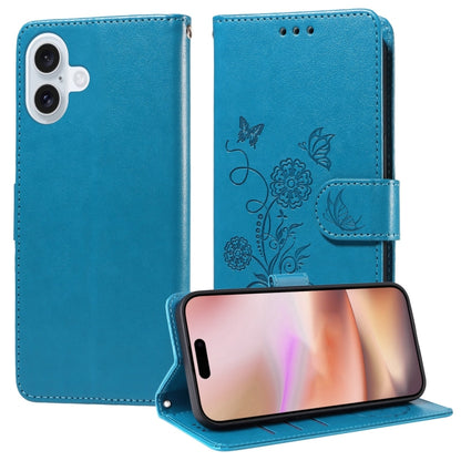 For iPhone 16 Embossed Butterfly Flowers Leather Phone Case(Blue) - iPhone 16 Cases by buy2fix | Online Shopping UK | buy2fix