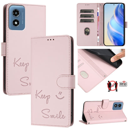 For Motorola Moto G Play 5G 2024 Global Smile Embossing RFID Leather Phone Case(Pink) - Motorola Cases by buy2fix | Online Shopping UK | buy2fix