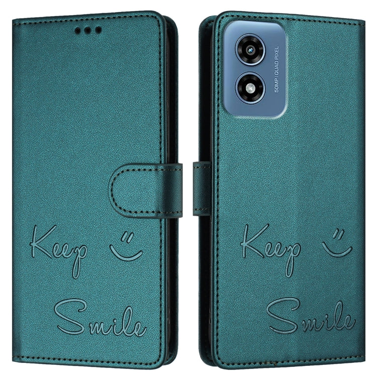 For Motorola Moto G Play 5G 2024 Global Smile Embossing RFID Leather Phone Case(Peacock Green) - Motorola Cases by buy2fix | Online Shopping UK | buy2fix