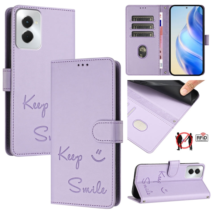 For Motorola Moto G Power 5G 2024 Smile Embossing RFID Leather Phone Case(Light Purple) - Motorola Cases by buy2fix | Online Shopping UK | buy2fix