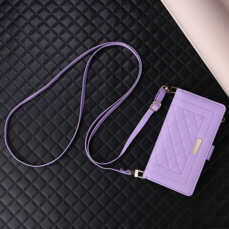 For iPhone 16 Pro Crossbody Zipper Wallet Rhombus Leather Phone Case(Purple) - iPhone 16 Pro Cases by buy2fix | Online Shopping UK | buy2fix