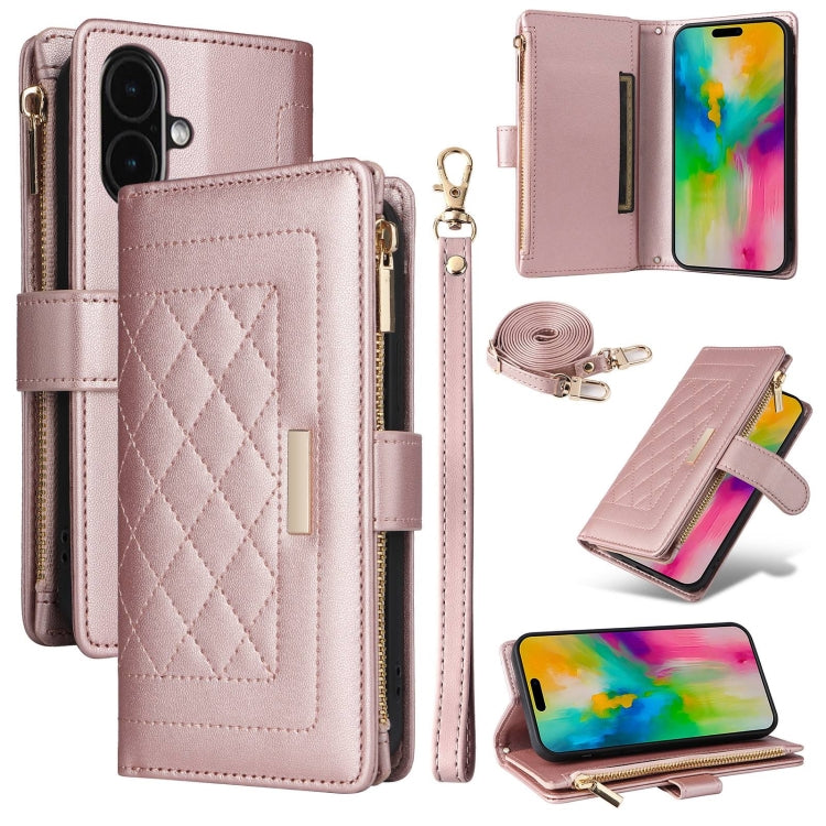 For iPhone 16 Crossbody Zipper Wallet Rhombus Leather Phone Case(Rose Gold) - iPhone 16 Cases by buy2fix | Online Shopping UK | buy2fix