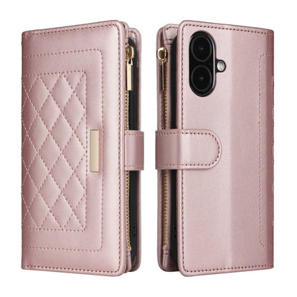 For iPhone 16 Crossbody Zipper Wallet Rhombus Leather Phone Case(Rose Gold) - iPhone 16 Cases by buy2fix | Online Shopping UK | buy2fix