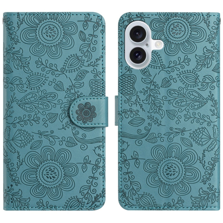 For iPhone 16 Plus Floral Embossed Pattern Leather Phone Case(Dark Green) - iPhone 16 Plus Cases by buy2fix | Online Shopping UK | buy2fix