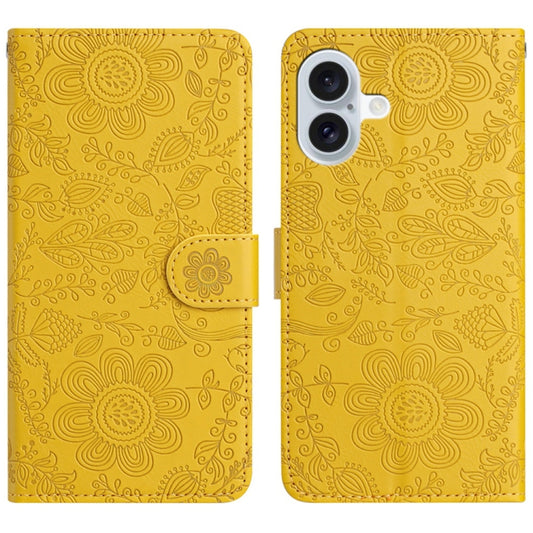 For iPhone 16 Plus Floral Embossed Pattern Leather Phone Case(Yellow) - iPhone 16 Plus Cases by buy2fix | Online Shopping UK | buy2fix