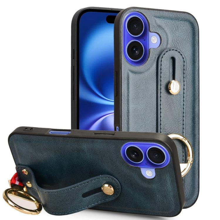 For iPhone 16 Plus Wristband Leather Back Phone Case(Blue) - iPhone 16 Plus Cases by buy2fix | Online Shopping UK | buy2fix