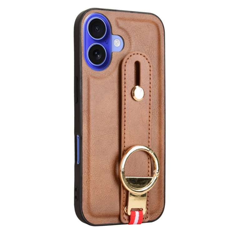 For iPhone 16 Plus Wristband Leather Back Phone Case(Brown) - iPhone 16 Plus Cases by buy2fix | Online Shopping UK | buy2fix