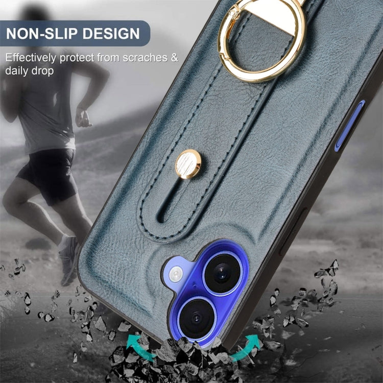 For iPhone 16 Wristband Leather Back Phone Case(Blue) - iPhone 16 Cases by buy2fix | Online Shopping UK | buy2fix