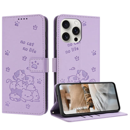 For iPhone 16 Pro Embossed Kitten Phone Leather Case with Lanyard(Purple) - iPhone 16 Pro Cases by buy2fix | Online Shopping UK | buy2fix