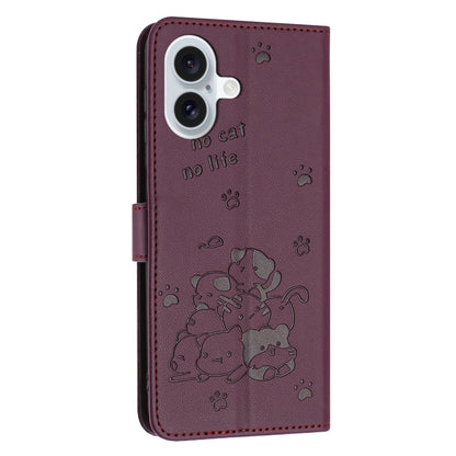 For iPhone 16 Embossed Kitten Phone Leather Case with Lanyard(Wine Red) - iPhone 16 Cases by buy2fix | Online Shopping UK | buy2fix