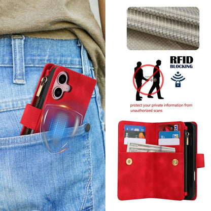 For iPhone 16 Plus Dream 9-Card Zipper Wallet RFID Leather Phone Case with Lanyard(Red) - iPhone 16 Plus Cases by buy2fix | Online Shopping UK | buy2fix