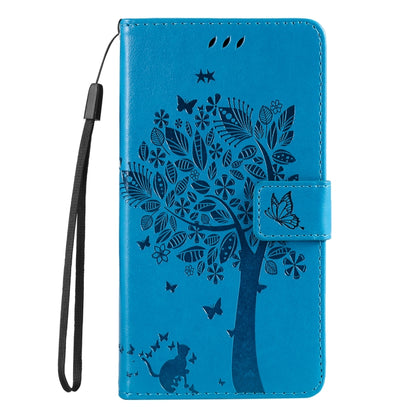 For Samsung Galaxy S25 / S24 5G Tree & Cat Embossed Pattern Flip Leather Phone Case(Blue) - Galaxy S25 5G Cases by buy2fix | Online Shopping UK | buy2fix