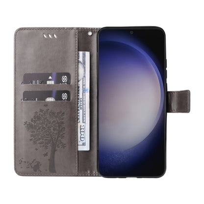 For Samsung Galaxy S25 / S24 5G Tree & Cat Embossed Pattern Flip Leather Phone Case(Grey) - Galaxy S25 5G Cases by buy2fix | Online Shopping UK | buy2fix