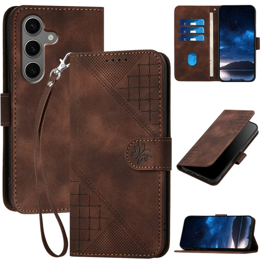 For Samsung Galaxy S25+ 5G YX0080 Grid Butterfly Embossed Pattern Flip Leather Phone Case with Lanyard(Coffee) - Galaxy S25+ 5G Cases by buy2fix | Online Shopping UK | buy2fix