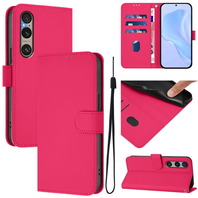 For Sony Xperia 1 VI 2024 Skin Feel Solid Color Leather Phone Case with Lanyard(Rose Red) - Sony Cases by buy2fix | Online Shopping UK | buy2fix