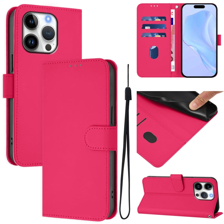 For iPhone 16 Pro Skin Feel Solid Color Leather Phone Case with Lanyard(Rose Red) - iPhone 16 Pro Cases by buy2fix | Online Shopping UK | buy2fix