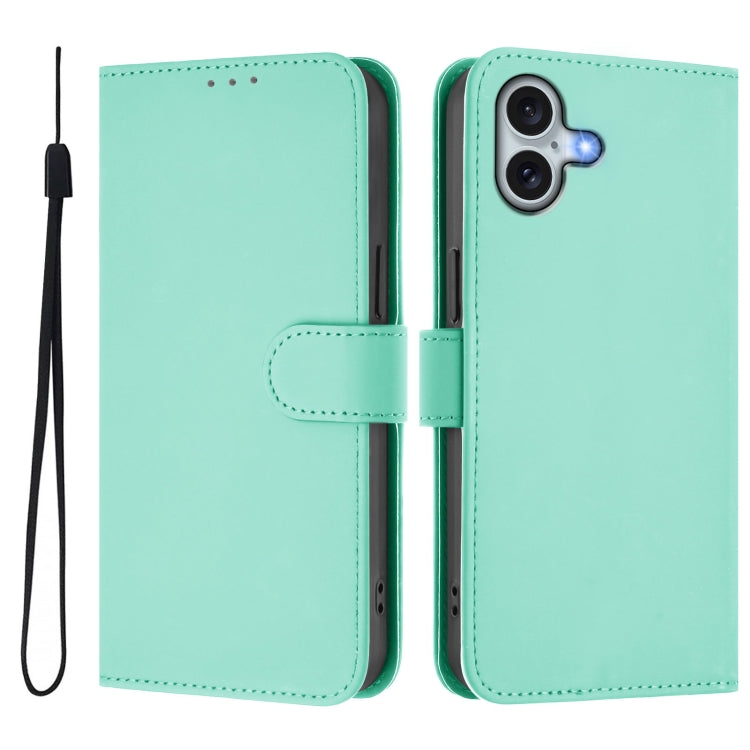 For iPhone 16 Plus Skin Feel Solid Color Leather Phone Case with Lanyard(Mint Green) - iPhone 16 Plus Cases by buy2fix | Online Shopping UK | buy2fix