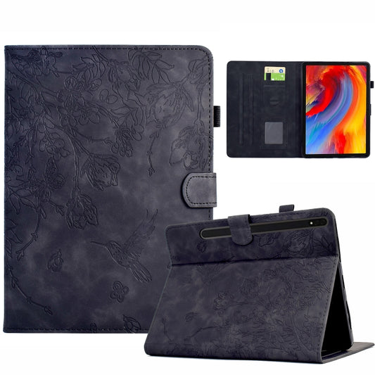 For Samsung Galaxy Tab S7 / S8 Flowers and Bird Embossed Smart Leather Tablet Case(Black) - Galaxy Tab S8 Cases by buy2fix | Online Shopping UK | buy2fix