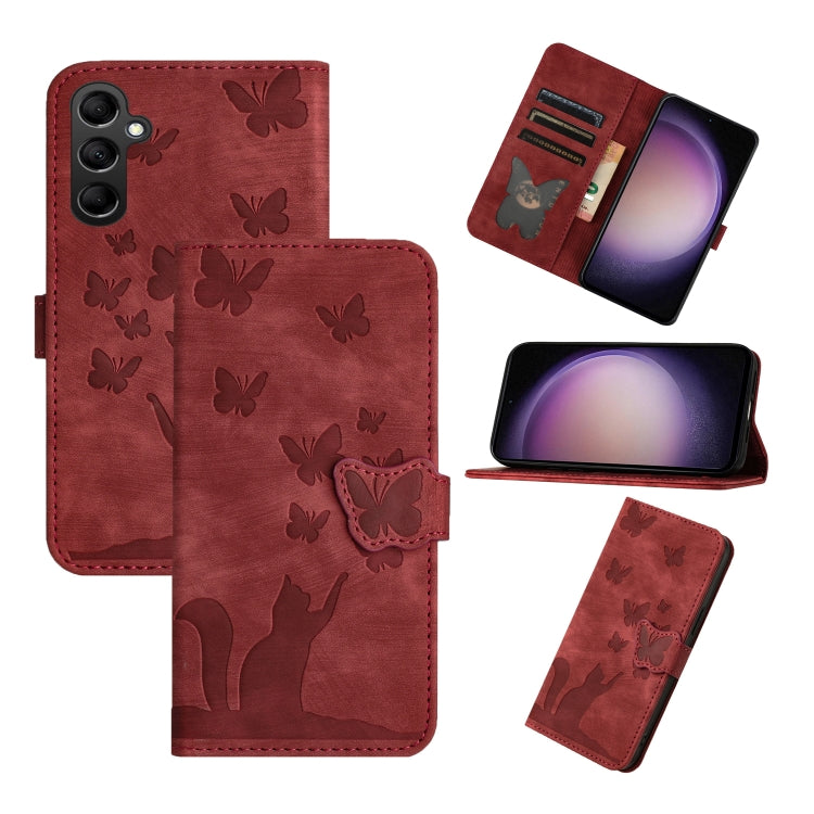 For Samsung Galaxy S25 5G Butterfly Cat Embossing Flip Leather Phone Case(Red) - Galaxy S25 5G Cases by buy2fix | Online Shopping UK | buy2fix