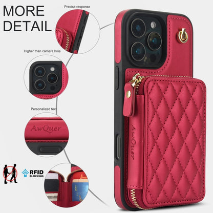 For iPhone 16 Pro Max AwQuer Crossbody Zipper Wallet Rhombic Leather Back Phone Case(Red) - iPhone 16 Pro Max Cases by Awquer | Online Shopping UK | buy2fix