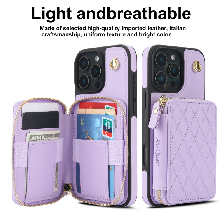 For iPhone 16 Pro Max AwQuer Crossbody Zipper Wallet Rhombic Leather Back Phone Case(Purple) - iPhone 16 Pro Max Cases by Awquer | Online Shopping UK | buy2fix