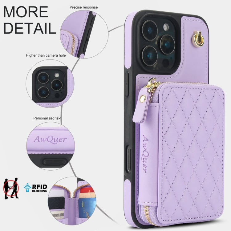 For iPhone 16 Pro Max AwQuer Crossbody Zipper Wallet Rhombic Leather Back Phone Case(Purple) - iPhone 16 Pro Max Cases by Awquer | Online Shopping UK | buy2fix