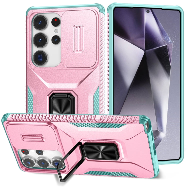 For Samsung Galaxy S25 Ultra 5G Sliding Camshield Holder Phone Case(Pink + Grey Green) - Galaxy S25 Ultra 5G Cases by buy2fix | Online Shopping UK | buy2fix