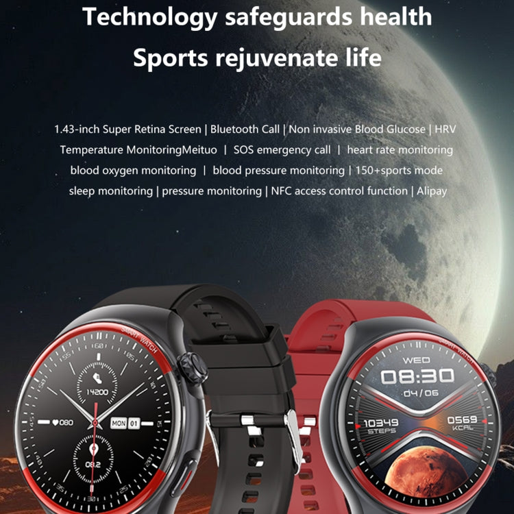 T82 1.43 inch Round Screen BT Call Smart Watch, Heart Rate / Blood Pressure / Blood Oxygen / Sleep / Blood Sugar / HRV / Metope / SOS, Strap:Silicone Black - Smart Wristbands by buy2fix | Online Shopping UK | buy2fix