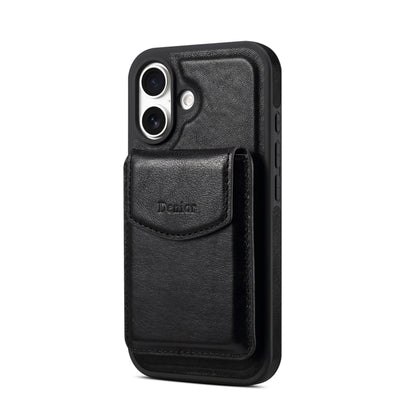 For iPhone 16 Plus Denior D22 Genuine Leather MagSafe Holder Detachable Card Slot Phone Case(Black) - iPhone 16 Plus Cases by Denior | Online Shopping UK | buy2fix