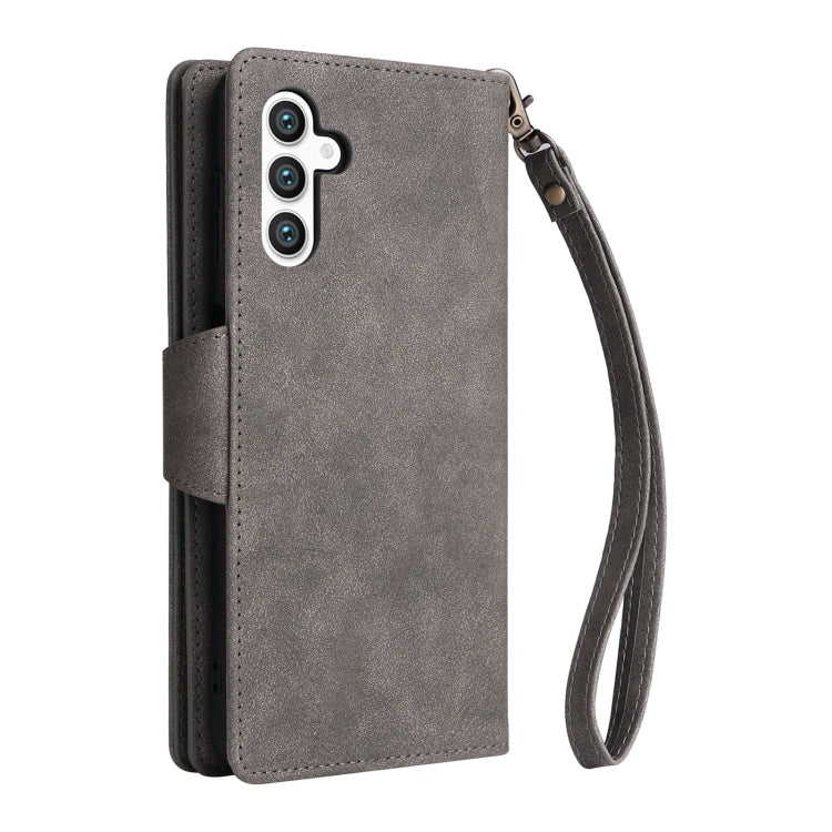 For Samsung Galaxy S25+ 5G Rivet Buckle 9 Cards Three Fold Leather Phone Case(Grey) - Galaxy S25+ 5G Cases by buy2fix | Online Shopping UK | buy2fix