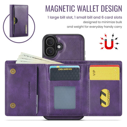 For iPhone 16 Plus DG.MING M6 Series RFID Tri-fold Card Bag Removable Leather Phone Case(Purple) - iPhone 16 Plus Cases by DG.MING | Online Shopping UK | buy2fix