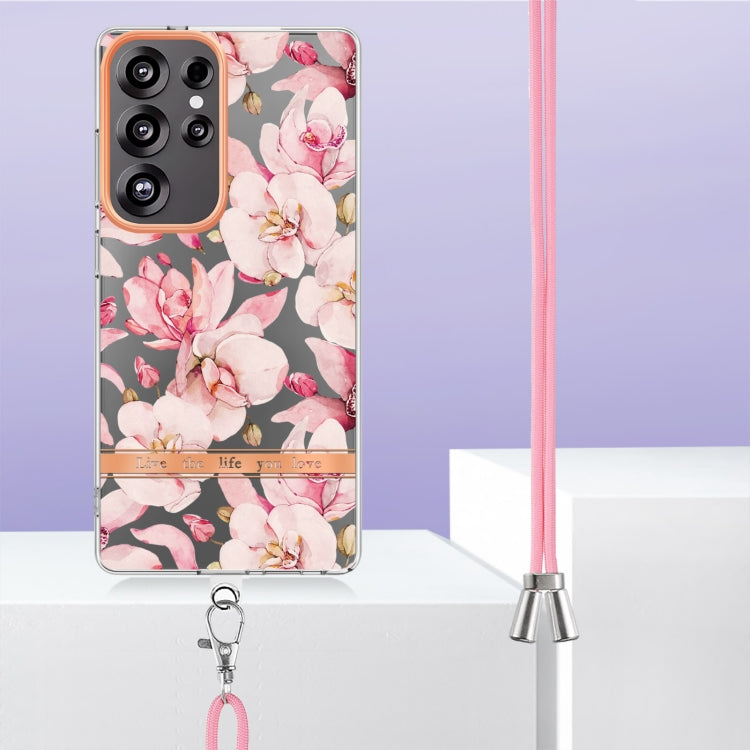 For Samsung Galaxy S25 Ultra 5G Flowers and Plants Series IMD TPU Phone Case with Lanyard(Pink Gardenia) - Galaxy S25 Ultra 5G Cases by buy2fix | Online Shopping UK | buy2fix