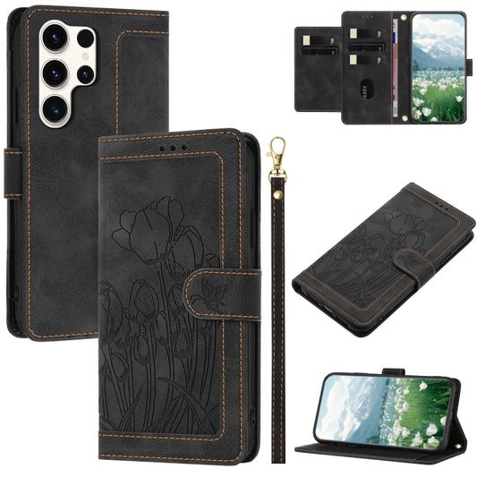 For Samsung Galaxy S25 Ultra 5G Tulips Embossed Leather Phone Case with Lanyard(Black) - Galaxy S25 Ultra 5G Cases by buy2fix | Online Shopping UK | buy2fix