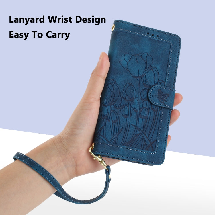 For Samsung Galaxy S25+ 5G Tulips Embossed Leather Phone Case with Lanyard(Blue) - Galaxy S25+ 5G Cases by buy2fix | Online Shopping UK | buy2fix