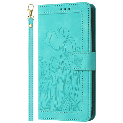 For Samsung Galaxy S25 5G Tulips Embossed Leather Phone Case with Lanyard(Green) - Galaxy S25 5G Cases by buy2fix | Online Shopping UK | buy2fix