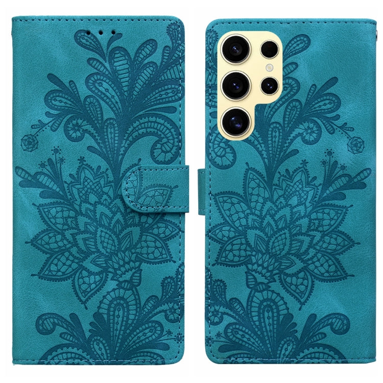 For Samsung Galaxy S25 Ultra 5G Lace Floral Embossed Magnetic Buckle PU Phone Case With Wrist Strap(Green) - Galaxy S25 Ultra 5G Cases by buy2fix | Online Shopping UK | buy2fix