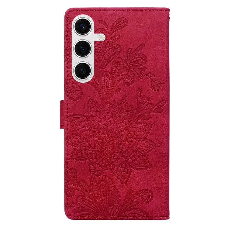 For Samsung Galaxy S25+ 5G Lace Floral Embossed Magnetic Buckle PU Phone Case With Wrist Strap(Red) - Galaxy S25+ 5G Cases by buy2fix | Online Shopping UK | buy2fix