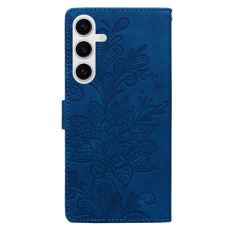 For Samsung Galaxy S25 5G Lace Floral Embossed Magnetic Buckle PU Phone Case With Wrist Strap(Blue) - Galaxy S25 5G Cases by buy2fix | Online Shopping UK | buy2fix