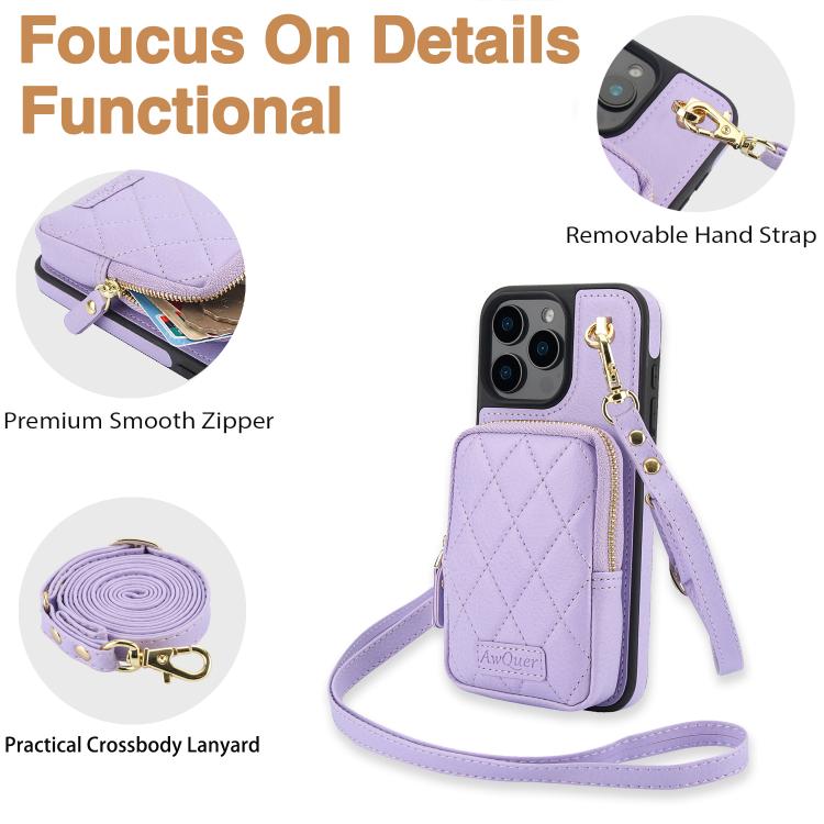 For iPhone 16 Pro Max AwQuer Crossbody Zipper Wallet Bag Litchi Leather Phone Case(Light Purple) - iPhone 16 Pro Max Cases by Awquer | Online Shopping UK | buy2fix