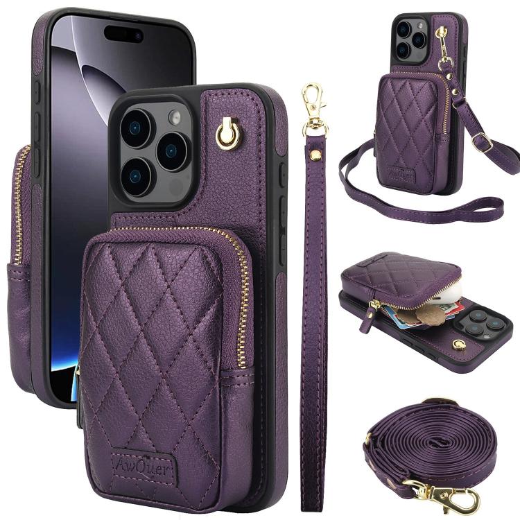 For iPhone 16 Pro Max AwQuer Crossbody Zipper Wallet Bag Litchi Leather Phone Case(Dark Purple) - iPhone 16 Pro Max Cases by Awquer | Online Shopping UK | buy2fix